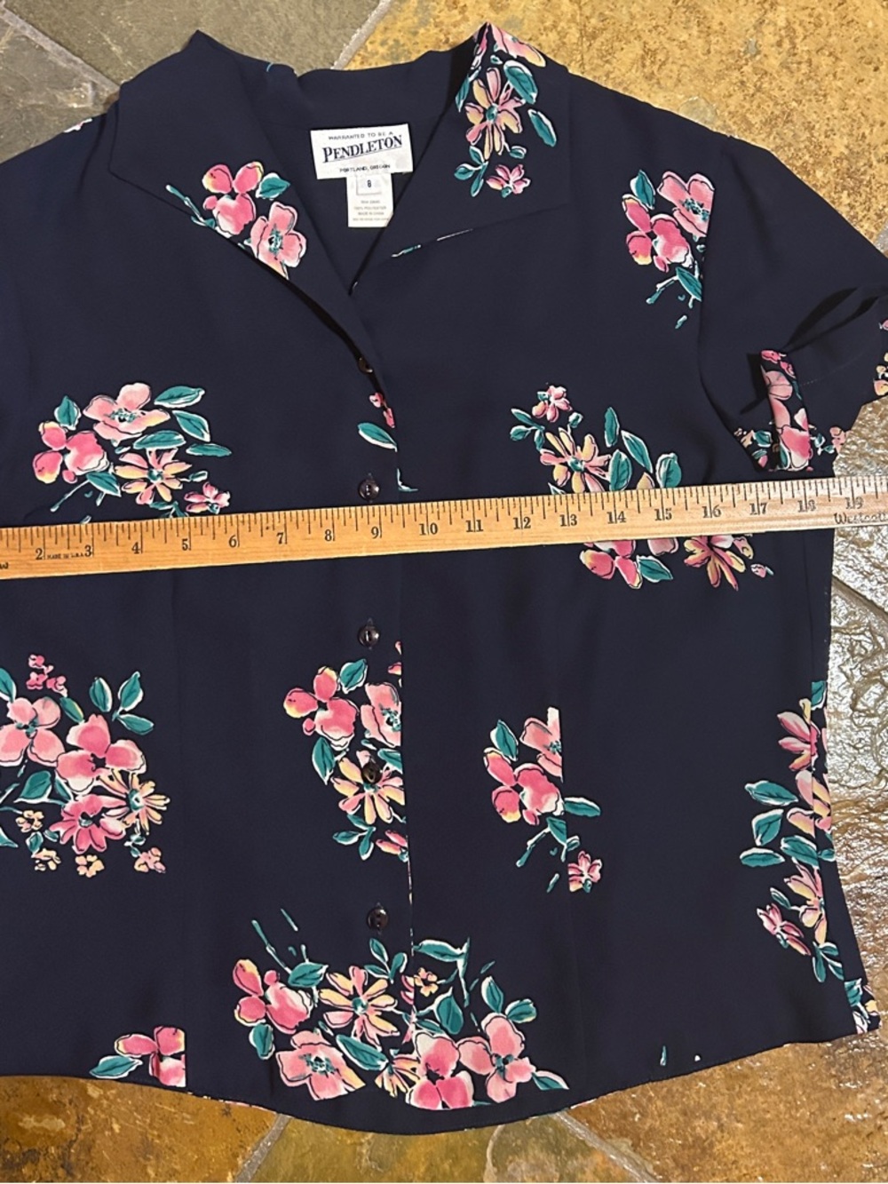 Pendleton Floral Button Front Blouse Size 8 Navy Pink Short Sleeve Vintage - Picture 5 of 7
